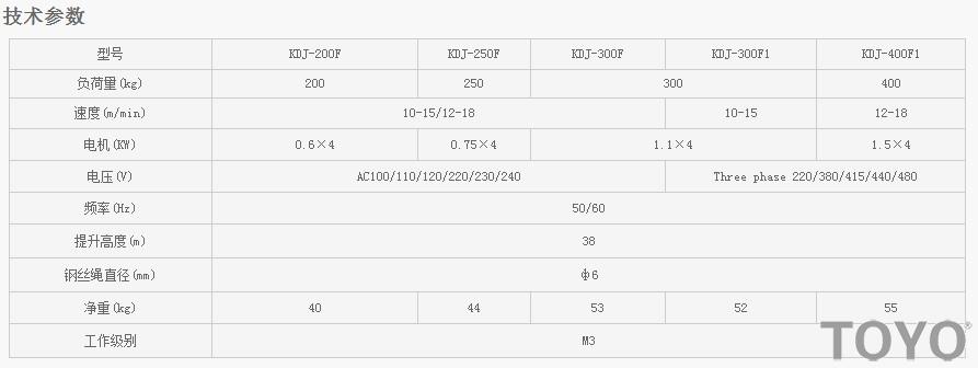 日本東洋TOYO KDJ-200F-400F-200F1-400F1電動(dòng)卷揚(yáng)機(jī)技術(shù)參數(shù)