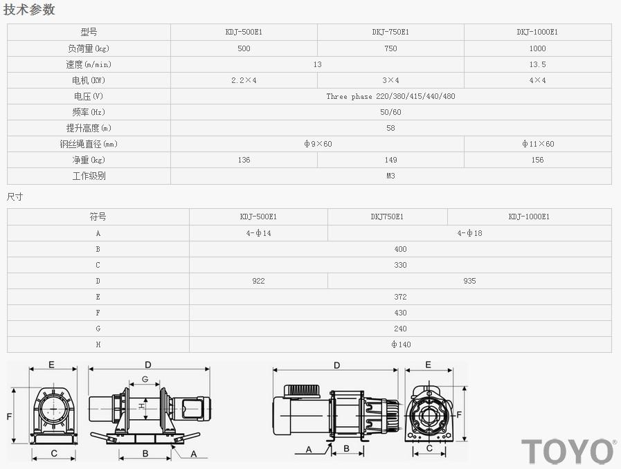 日本東洋TOYO KDJ-500E1-750E1-1000E1-10000E1電動(dòng)卷揚(yáng)機(jī)技術(shù)參數(shù)
