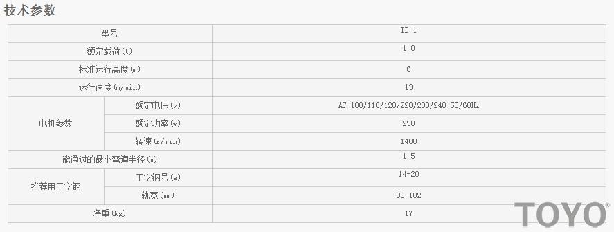 日本東洋TOYO TD1型電動小車技術(shù)參數(shù)